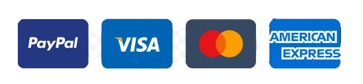 Icons for accepted payment methods: PayPal, Visa, Mastercard, and American Express.
