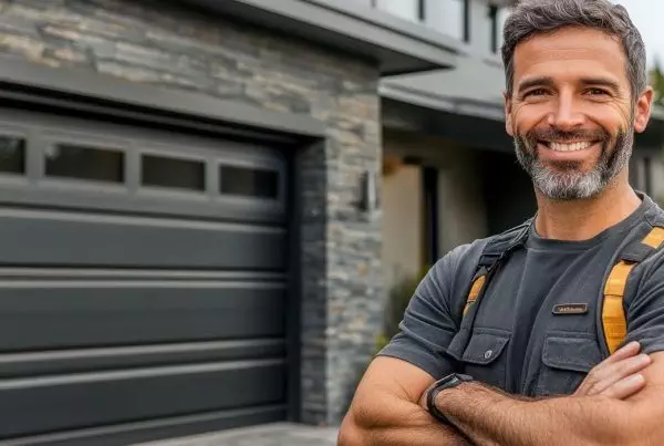 A man stands before a garage door, looking thoughtful and engaged
