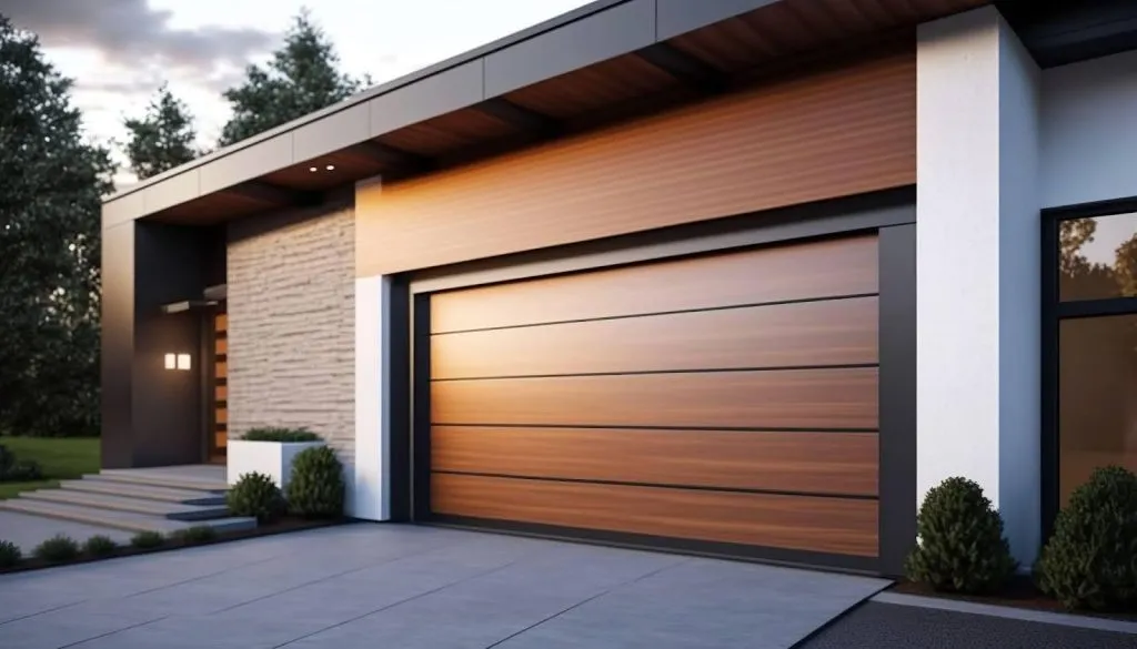 A stylish wooden garage door that enhances the home's exterior with its contemporary design