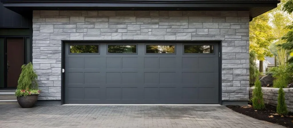 Gray garage door set against a textured stone wall showcasing a modern architectural design