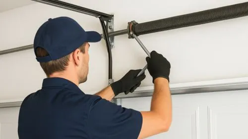 Man fixing garage door spring